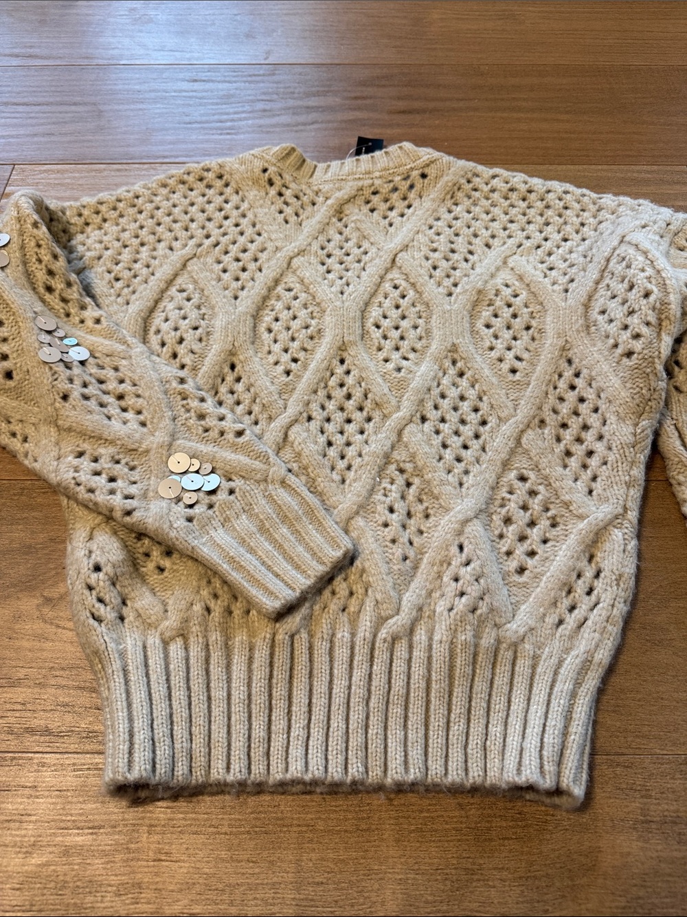 White House Black Market Cream Sequin-Embellished wool Open Knit V-Neck Sweater - Picture 8 of 8